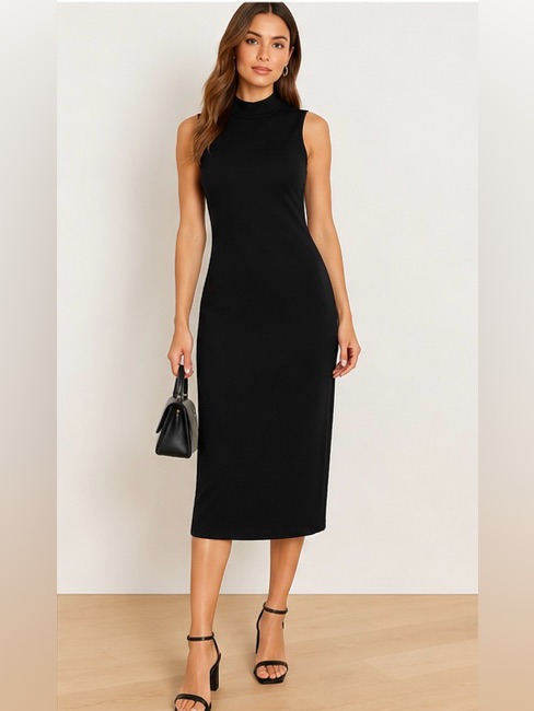 Goldray Black Mock Neck Midi Dress Size Small Minimalist Like New
